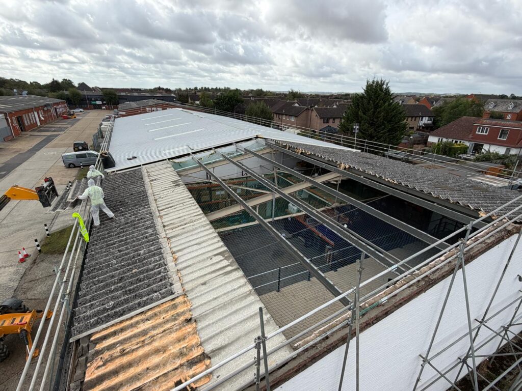 Industrial roof strip and re-sheet work in progress in Henlow Industrial roof strip and re-sheet work in progress in Henlow